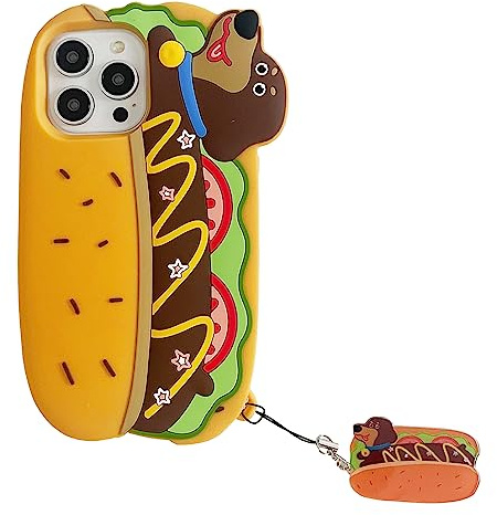 QoKcoahn 3D Cartoon Food Hot Dog Case for iPhone 14 Pro, Cute Kawaii Silicone Shockproof Protective Case with Keychain