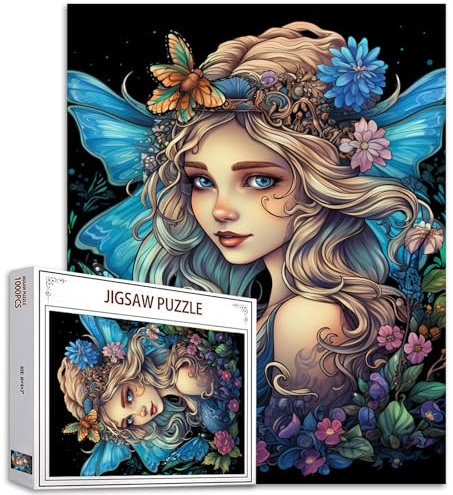 Tucocoo 1000 Teile Puzzles für Erwachsene Blau Schmetterling Fee Malerei Puzzle Blumen Schönes Mädchen 1000 Teile Puzzles für herausfordernde Familienaktivitätsspiel DIY Puzzle Wanddekoration