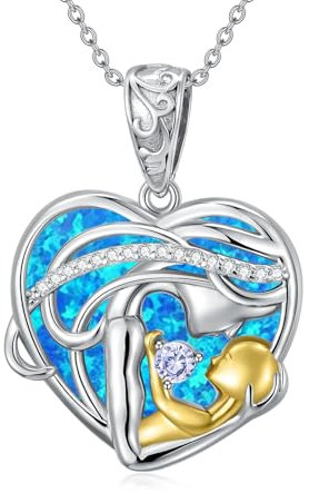 ROMANTICWORK Mutter Tochter Kette 925 Sterling Silber Blauer Opal Mutter Tochter Anhänger Halskette Mama Schmuck Mutter Tochter Geschenke für Frauen Damen