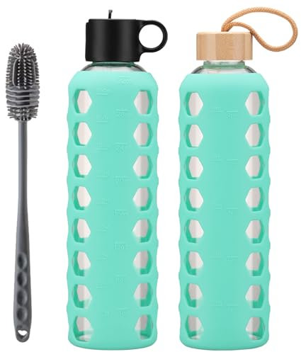 BLUEGO Bouteilles d'eau en verre, 900ml Verre Gobelet, Bouteilles à boire avec 2 couvercles, Motivation Bouteille d'eau avec Marqueur de temps et manchon en silicone, Étanche, Vert