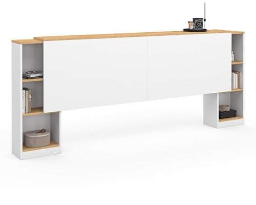 IDMarket - Tête de lit sur Pied Extensible avec chevets coulissants CATBA pour lit 140 et 160 cm Blanc et façon Bois