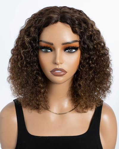 Style Icon Echthaar Perücke Short Curly Bob Wigs Human Hair Wear to Go Glueless Wig for Women 10 inch Deep Curly Bob Wigs Jerry Curly Bob Wig Non Lace Front (P4/30/27, middle part)