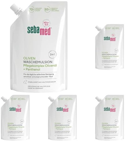 Sebamed Flüssig Oliven Wasch-Emulsion Nachfüllbeutel, mit Olive und Panthenol, seifenfreie Reinigung für sensitive und anspruchsvolle Haut, zur Hand-, Gesichts- und Körperreinigung geeignet, 400 ml