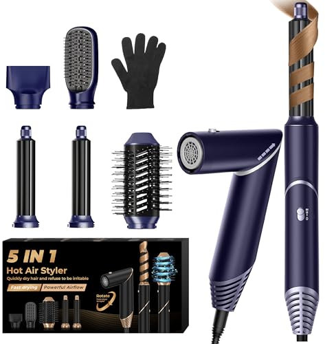 UKLISS Haarstyler 5 in 1, Warmluftbürste Set mit Rundbürstenföhn Airflow Lockenstab Automatisch Thermal Brush Föhn Rundbürste Airstyler für Haare Glätten, Trocknen, Volumen, Locken (Blau-silber)