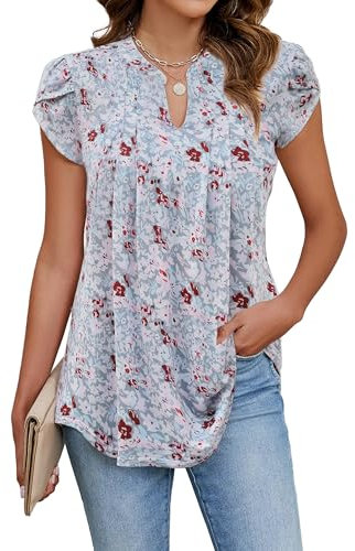 Cuptacc Chemisier Femme Chic et Élégant Manches Pétale Haut Femme Décontractée Loose Tunique Ete Gris Rose Floral, Grand L 42-44