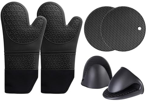 Ziyonix 6 Stück Backhandschuhe Ofenhandschuhe, Silikon Lange Backhandschuhe Ofenhandschuhe Topfhandschuhe Silikon Handschuhe Backofen für Kochen Backen Grillen (Schwarz)