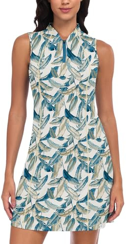 Soneven Sportkleider Damen Sommer Freizeitkleider Kurz Ärmellos Tankkleid Tennis Kleider mit 1/4 Reißverschluss & Taschen für Golf, Alltag, Lässige(Grüne Blätter,XL)