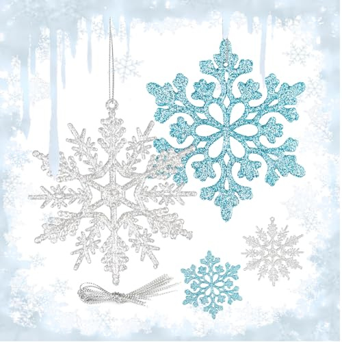 24 Stück Schneeflocken Deko Weihnachten, Christbaumschmuck, Weihnachtsbaum Deko, Baumschmuck Weihnachten, Glitter Schneeflocken Anhänger für Weihnachtsdeko Fensterdeko Weihnachtsbaum Deko(Blau Silber)