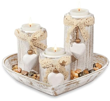 Tealight Candle Holders with Tray - Heart Shaped Candle Holders Gifts, 3-Pcs Wooden Candlestick Set for Wedding Dining Table Centrepiece Decor
