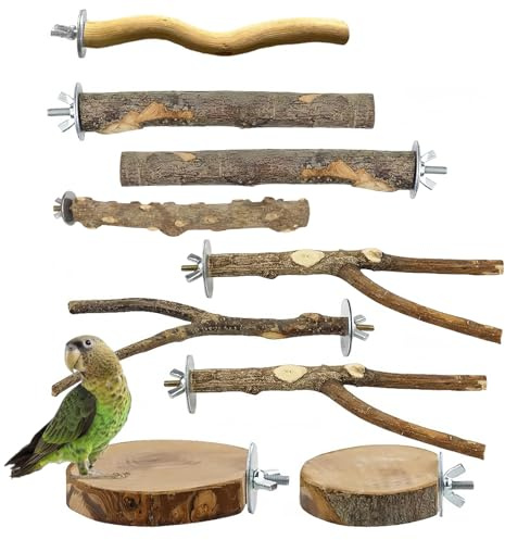 9 Stück Natur Sitzstangen Set, Vogelspielzeug Holz Wellensittich Zubehör Vogelkäfig Zubehör Vogel Spielzeug für Nymphensittich Spielzeug Kanarienvogel Papagei Stehend Vogelkäfig