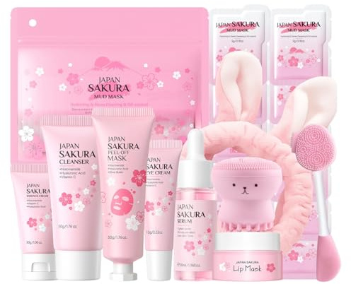 22pcs Sakura Skincare Set Geschenke für Frauen - Korean Skincare Set mit Reiniger, Gesichtsmaske, Augencreme, Serum, Lippenpflege - Beauty Set für Gesichtspflege, Geschenke zum Muttertag