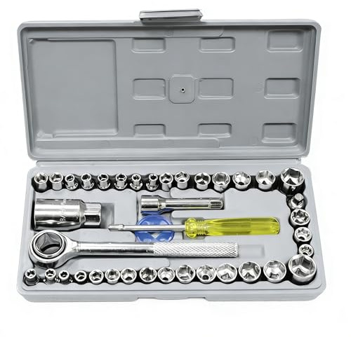 Eastrise 40 PCS Ratchet Socket Set, 1/4 & 3/8 Drive, Metric & Imperial Socket Kit, with Ratchet Handle, Extension Bar, Spinner Handle for Car, Bike, Home Repair