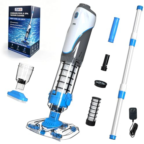PoolyPoly 2026 Poolsauger Akku, Pool Staubsauger Handsauger Kabellos | Doppelte Filtration Pool Bodensauger, Poolreiniger mit Teleskopstange, Ideal für kleine Pools, Spas, Whirlpools, Weiß