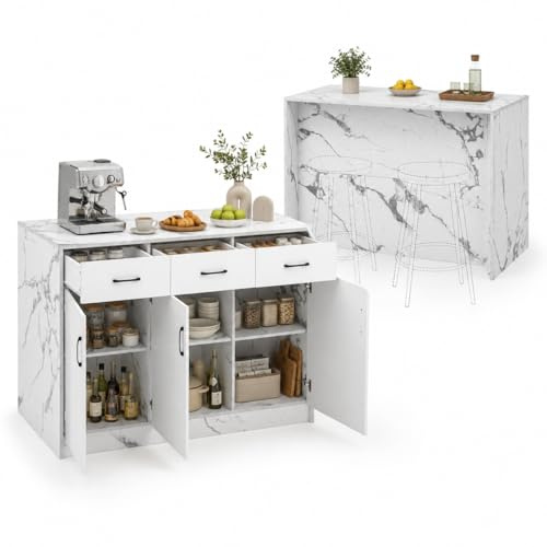 FurnitureR Kücheninsel 120 x 60 x 90,5 cm, unbeweglicher Küchenschrank in Weißer Marmoroptik aus MDF, mit 3 Schubladen, 3 Türen, 6 Fächern und verstellbaren Ablagen für Essbereich Küche