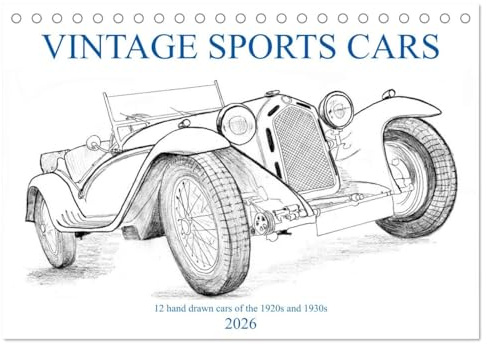Vintage Sports Cars (Tischkalender 2026 DIN A5 quer), CALVENDO Monatskalender: 12 handgezeichnete Sportwagen Klassiker (CALVENDO Technologie)