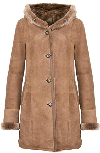 Manteau de Veste en Peau de Mouton Mérinos Femme élégante en Daim Marron à Capuche M