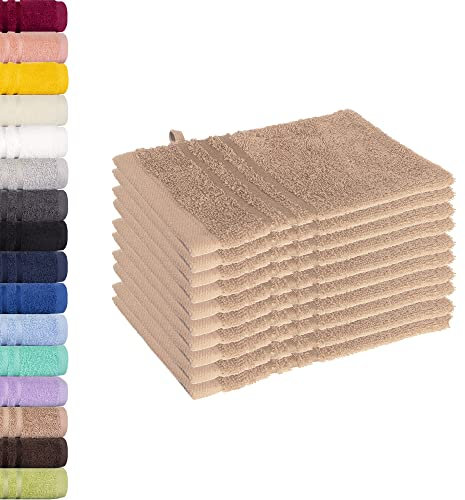 Lavea 10er Set Waschhandschuh 15x21 cm – Saugstarke und Weiche Waschhandschuhe aus 100% Baumwolle, Frottierserie Elena – Waschbar und Strapazierfähig – Cappuccino