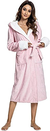 UMIPUBO Women Dressing Gown Fleece Oversized Hooded Soft Bath Robe Fluffy Hooded Bathrobe Winter Blanket With Pocket Long Robe Housecoat Loungewear (Pink