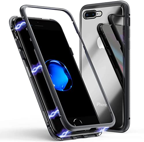 LONYAN kompatibel mit iPhone 7 Plus Hülle/iPhone 8 Plus Hülle, Magnetische Adsorption Handyhülle Ultra Dünn Metallrahmen Hartglas mit eingebautem Magnetklappdeckel Transparentes Schwarz