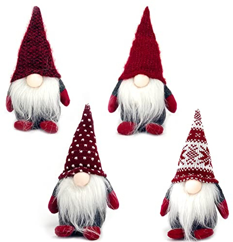 DUJSRZL 4 Stk. Weihnachtszwerge aus gehäkelter Plüsch, handgefertigt, Weihnachtsmann, Tischdekoration, Hausdekoration, Kaminsimsdekoration (rot)