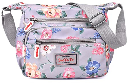 WITERY Crossboby Tasche für Damen, wasserdicht, Nylon, mehrere Taschen, Blumenmuster, Schultertasche, Reißverschluss, Handtasche, Kuriertasche, Blume 3