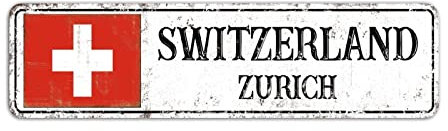 Rimego Cartello stradale della Svizzera, stile vintage retrò della capitale di Zurigo, cartello in metallo per interni ed esterni, 8 x 30 cm