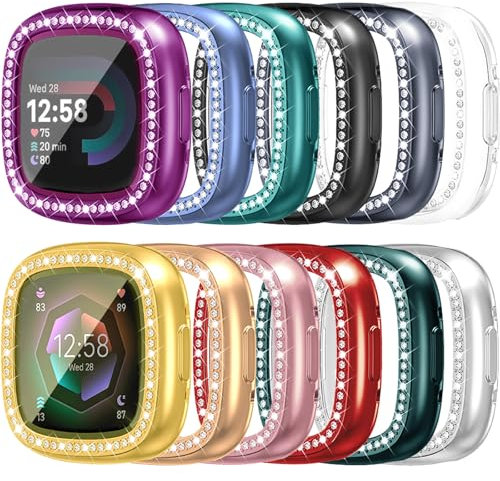 RICHONE Schutzhülle für Armbanduhr, kompatibel mit Fitbit-Versa-4/Sense 2, mit Displayschutzfolie, glitzernde Strasssteine, weiches TPU, volle Schutzhülle, glitzernde Kristall-Diamant-Uhrenabdeckung,