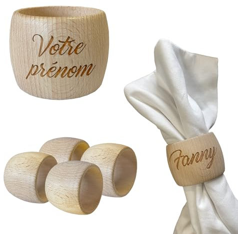 Rond de Serviette de Table par Lot de 4 - Rond de Serviette personnalisé avec prénom, Texte personnalisé… [ Rond de Serviette Bois ]