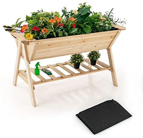 GiantexUK Raised Garden Bed, Wood Elevated Planter with Liner, Drainage Hole & Slatted Shelf, Outdoor Vegetables Flowers Herbs Plants Growing Box for Patio Balcony Backyard, 149 x 78 x 82cm