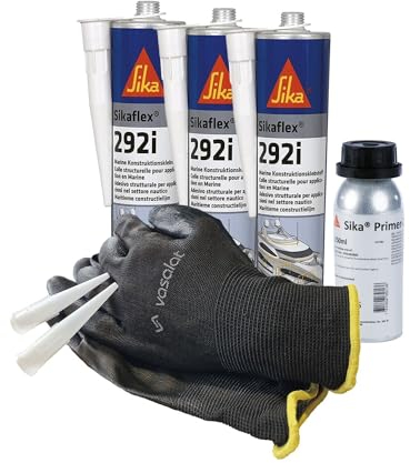 Sikaflex 292i Marine weiß 3x 300ml mit Primer 207 - für Aluminium und Stahlverklebungen im Boot und Schiffsbau mit 5 Düsenspitzen