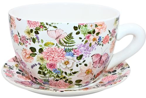 Dekohelden24 Macetero, Maceta de cerámica, Maceta para Plantas con Plato, Multicolor, 28 x 24 x 14 cm