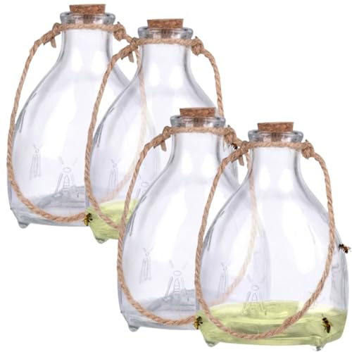 4 Stück Oramics Wespenfalle aus Glas zum Aufhängen und Stellen – Lebendfalle für Wespen und Hornissen mit Seil und Korken – Wespenfänger für draußen – Wespenabwehr für Balkon, Garten und Terrasse