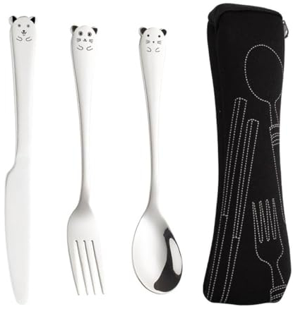 EORPAVU Cubertería infantil,Cubiertos, tenedores y cucharas de acero inoxidable 304, patrón de dibujos animados, juego de vajilla portátil para niños (3 piezas con caja)