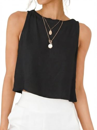IDEALSANXUN Linen Crop Tank Tops for Women 2026 High Neck Summer Cute Y2k Cropped Sleeveless Cotton Linen Tops, Black, M