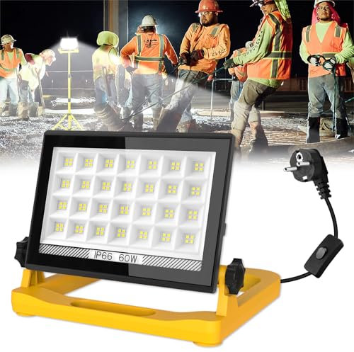 T-SUN Projecteur LED Chantier 60W 6000K, Lampe de Chantier Puissante, Étanche IP66, Portable, 3 Modes, Avec Prise et Câble de 4M Pour Construction, Garage, Atelier