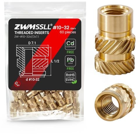 ZWMSSLL #10-32 Heat Set Threaded Inserts,60 Pieces 10-32x1/2x7.1-Inches Brass Heat Set Insert for Plastic Parts,UNF knurled Nuts,Insert by Heat into 3D Printing Components
