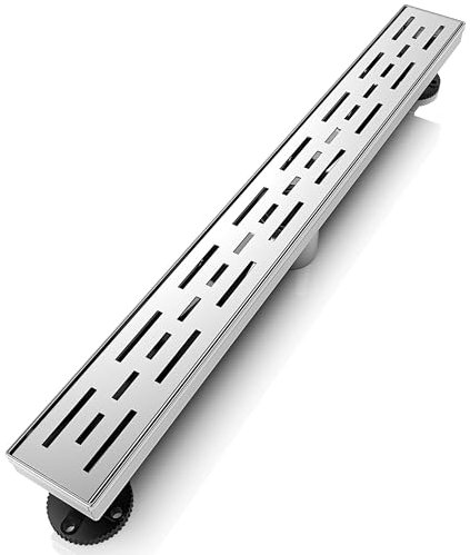 WEBANG 61 cm linearer Duschrinne rechteckiger Bodenablauf mit Zubehör Regenlinienmuster Abdeckrost Abnehmbarer SUS304 Edelstahl CUPC zertifiziert gebürstet