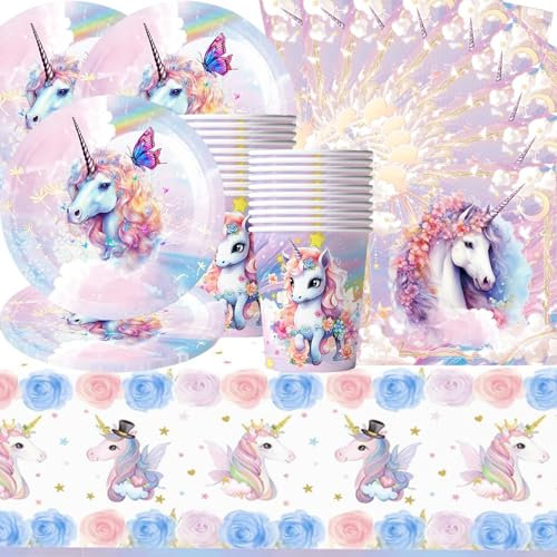 61 pièces de bande dessinée licorne d'anniversaire de la vaisselle d'anniversaire des enfants, y compris les assiettes en carton, tasses, serviettes et nappes Convient pour 20 enfants d'anniversaire