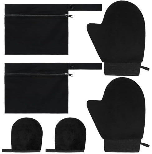 Piriuuo 4 Stück Selbstbräuner Handschuh Set, Polyester Bräunungshandschuhe mit 2 Wasserdichte Tasche Schwarze Wiederverwendbarer Selbstbräunungs Handschuh Streifenfreie Ultraweich Gleichmäßige Bräune