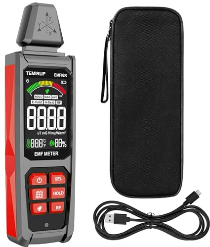 EMF Detector, TEMIRUP 5 in 1 Handheld EMF Meter Radiation Detector, Detects EF, RF, MF, WiFi Signal,Temperature, Humidity, Rechargeable EMF Reader with Large Color LCD for Home, Office, Ghost Hunting