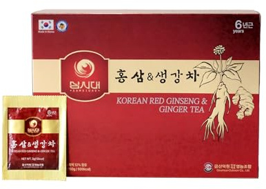 Samsidae Thé au Ginseng Rouge & Gingembre - 50 Sachets | 8 % d'extrait de ginseng rouge et 12 % de gingembre coréen, sachets de 3 g, à infuser chaud ou froid, culture GAP
