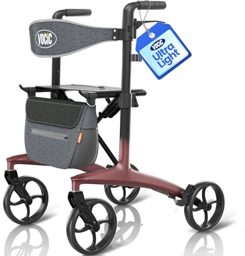 VOCIC Z75 Carbon Rollator Faltbar und leicht mit Sitz, 5,5kg Ultralight | Rollator Schmal für Wohnung, Indoor & Outdoor Faltbarer Rollatoren Klappbar für Senioren, Max 136kg, 5 Jahre Support,Rubinrot