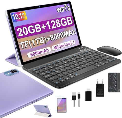 fezawio Tablet Android 14 10 Pollici - 5G & Wi-Fi 6, 20 GB RAM 128 GB ROM (Espandibile 1 TB) - Octa-Core, GMS, Widevine L1-6000 mAh, Fotocamere 8MP+5MP - Pacchetto Completo con Tastier - Viola