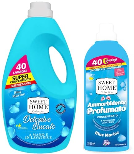 Suarez Sweet Home Collection Ammorbidente Concentrato Blu Marine 1000 ml – Fragranza Fresca Marina – Morbidezza Intensa – 40 Lavaggi – Per Bucato a Mano e in Lavatrice (Detersivo + Ammorbidente)