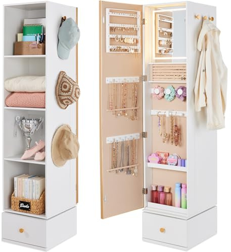 Best Choice Products 360° Rotating Storage Mirror w/Gold Metal Frame, Swivel Jewelry Armoire w/Full-Length Mirror, Storage Tower w/Cube Shelves, Built-In Jewelry Organizer & Hooks - Gold