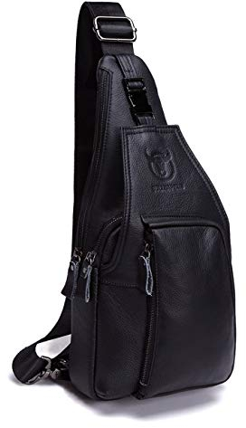 BULLCAPTAIN Tasche Leder Herren Sling Bag, Rindleder Schultertasche, Umhängetasche, Brusttasche, Rucksack für Wandern, Radfahren, Reisen, Freizeit Schwarz