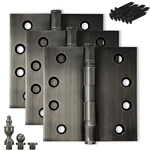 Finsbury Hardware Türscharnier aus massivem Messing, robust, Kugellager, poliert, 10,2 x 10,2 cm, mit dekorativen Schraubspitzen, Set mit 3 Scharnieren (Zinn)