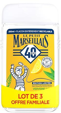 Le Petit Marseillais | Gel Douche Extra Doux Verveine Bio & Citron Bio (lot de 3 flacons de 250 ml) – 92 % d'ingrédients d'origine naturelle – Édition limitée 40 ans