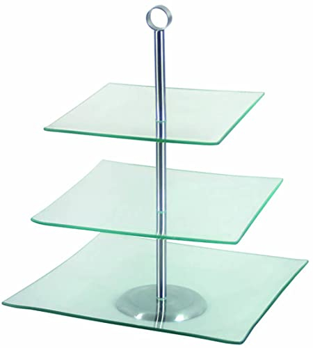 AMBITION Etagere Glas 3 Stöckig Laura 29,3 x 29,3 Glasetagere Edelstahl für Obst Kuchen Cupcakes quadratisch transparent