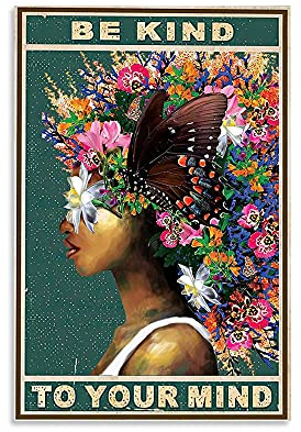 DPHGQGK Be Kind To Your Mind Poster, Afro-Frauen-Wandkunst, Schmetterling und Blumen-Wanddekoration, Bauernhaus-Dekoration, Wohnzimmer, 30 x 45 cm, Holzrahmen
